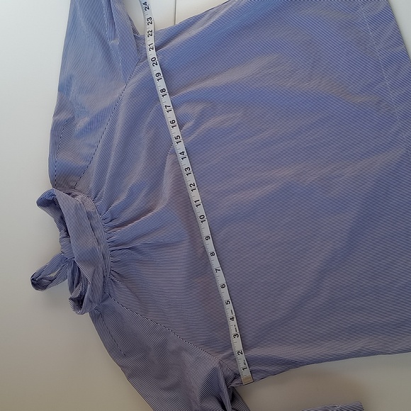 Thomas Mason for J. Crew Back Tie Mock Neck Blue Stripe Long Sleeve Shirt 12 - Picture 6 of 10